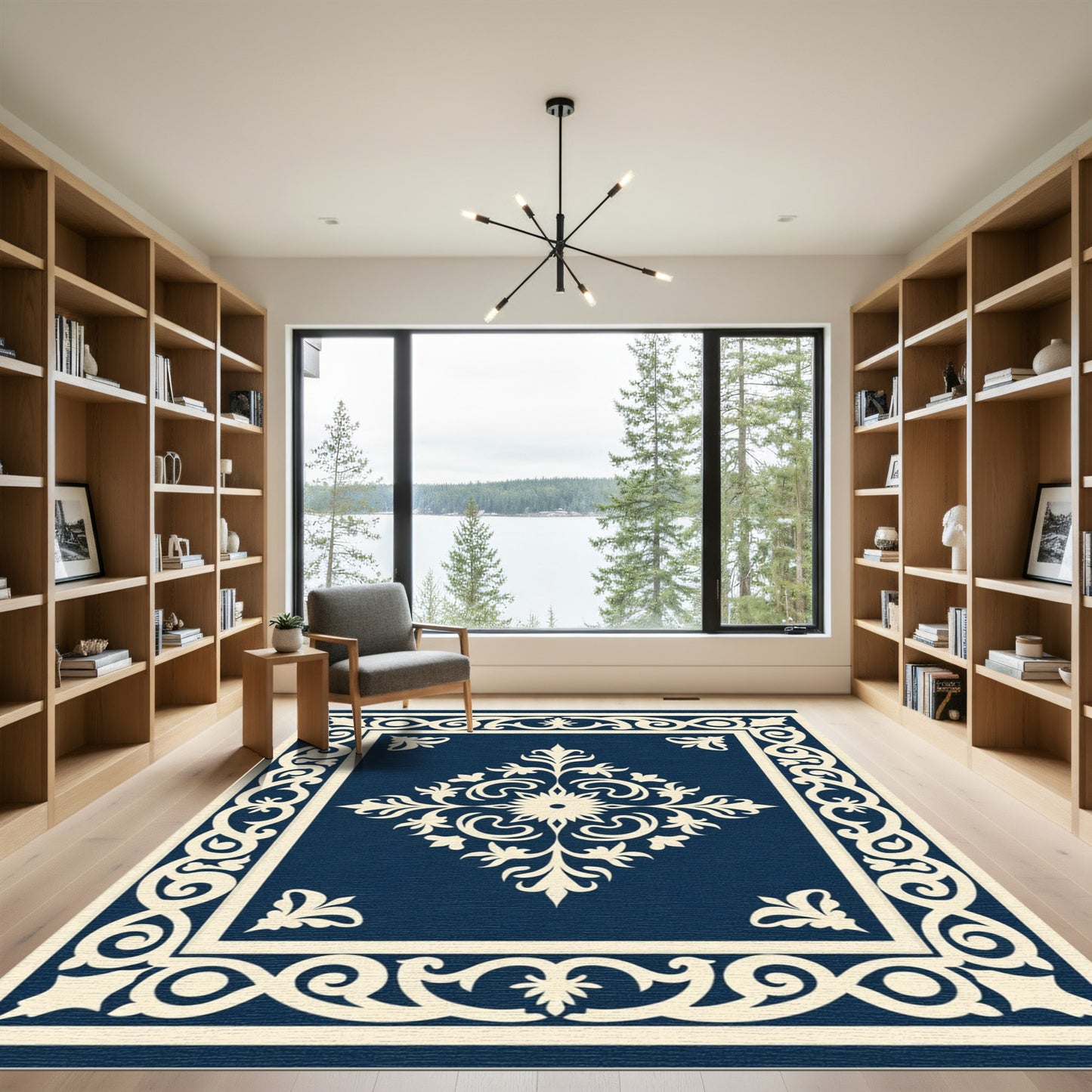 Classic Navy Cream Scrollwork Medallion Rug