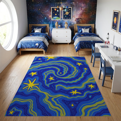 Bold Yellow Stars Swirling Navy Waves Rug