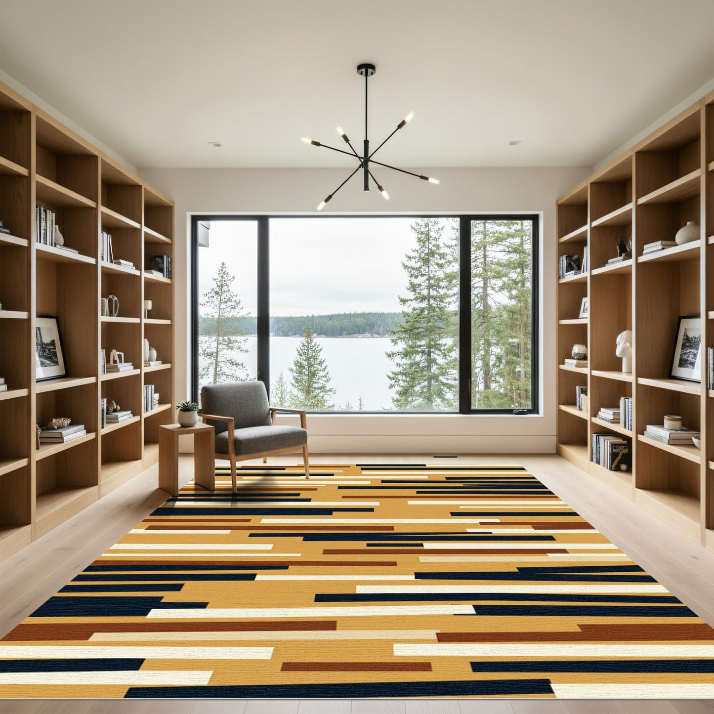 Abstract Gold And Navy Stripe Rug