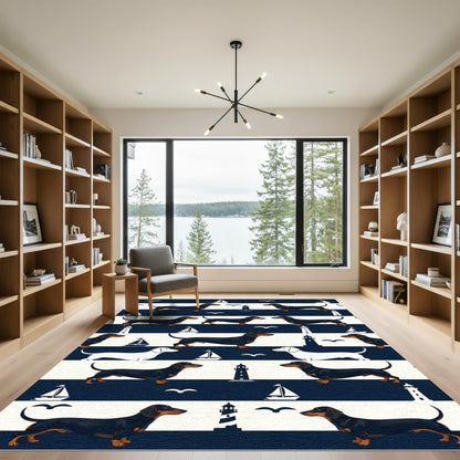 Navy Nautical Dachshund and Lighthouse Stripe Rug