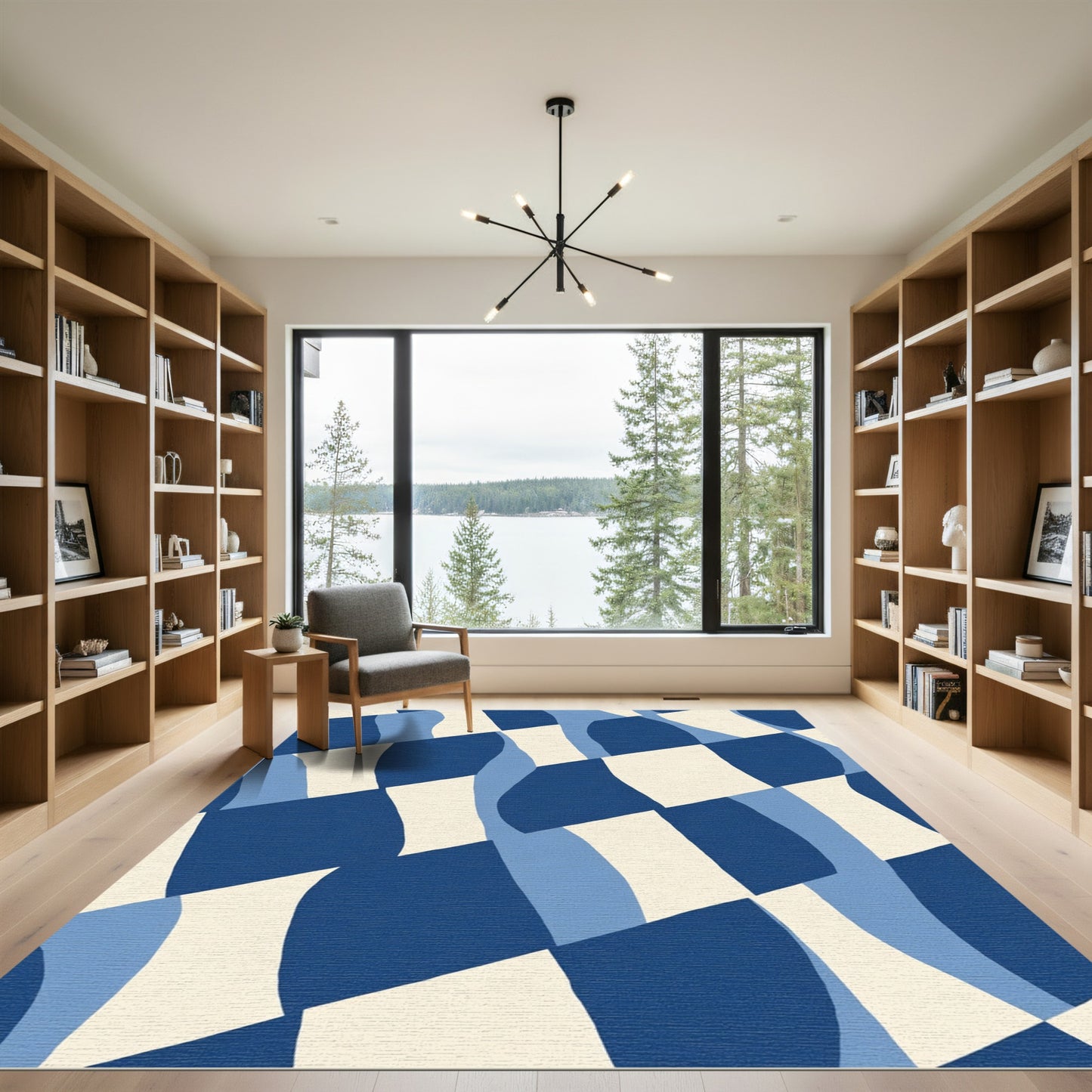 Abstract Blue Cream Wavy Blocks Rug