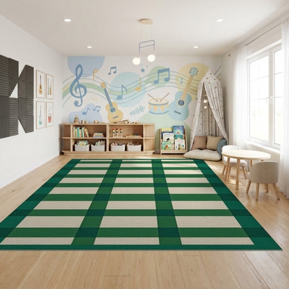 Bold Green White Plaid Check Rug
