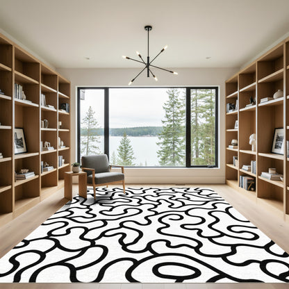 Black White Abstract Organic Lines Rug