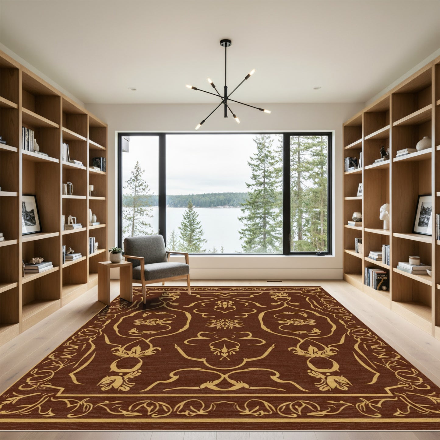 Rich Brown Golden Floral Scroll Rug