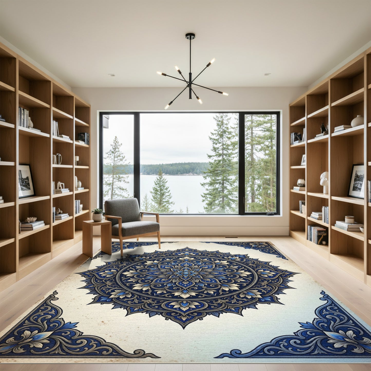 Intricate Navy and Gold Floral Mandala Rug