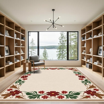 Crimson Floral Vine Border Rug