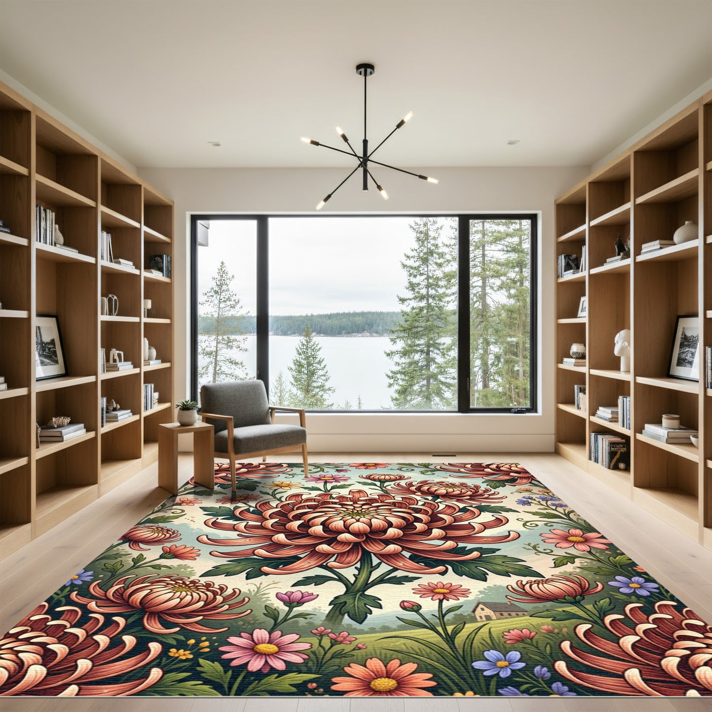 Vintage Copper Chrysanthemum Botanical Garden Rug