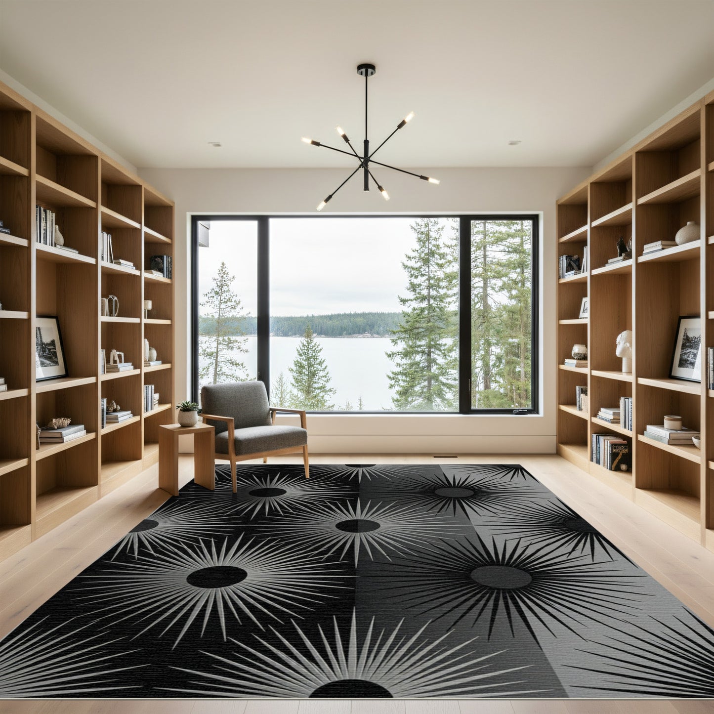 Silver Sunburst Geometric Grid Rug