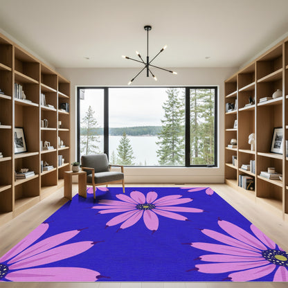 Pink Daisy Garden Blue Background Rug
