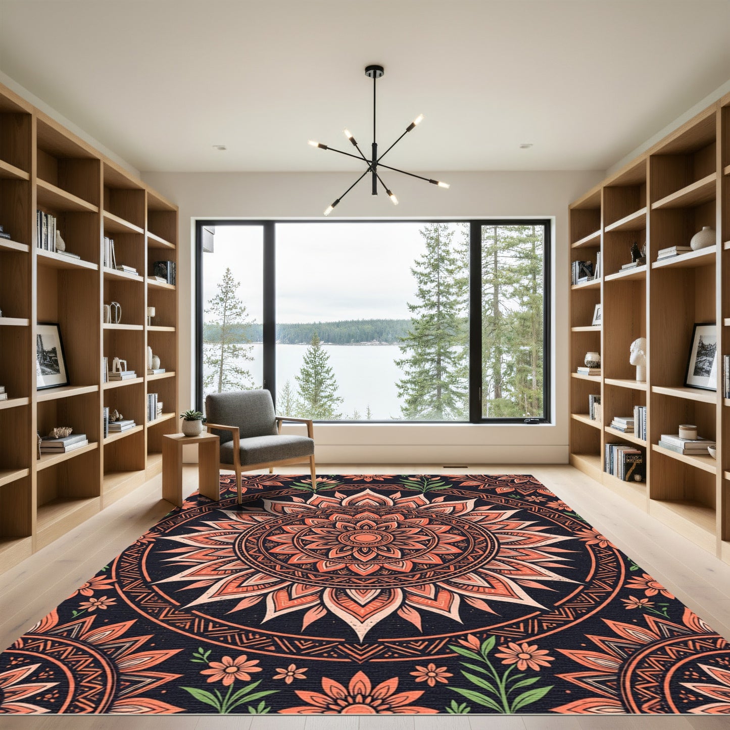 Coral Lotus Medallion Floral Mandala Rug