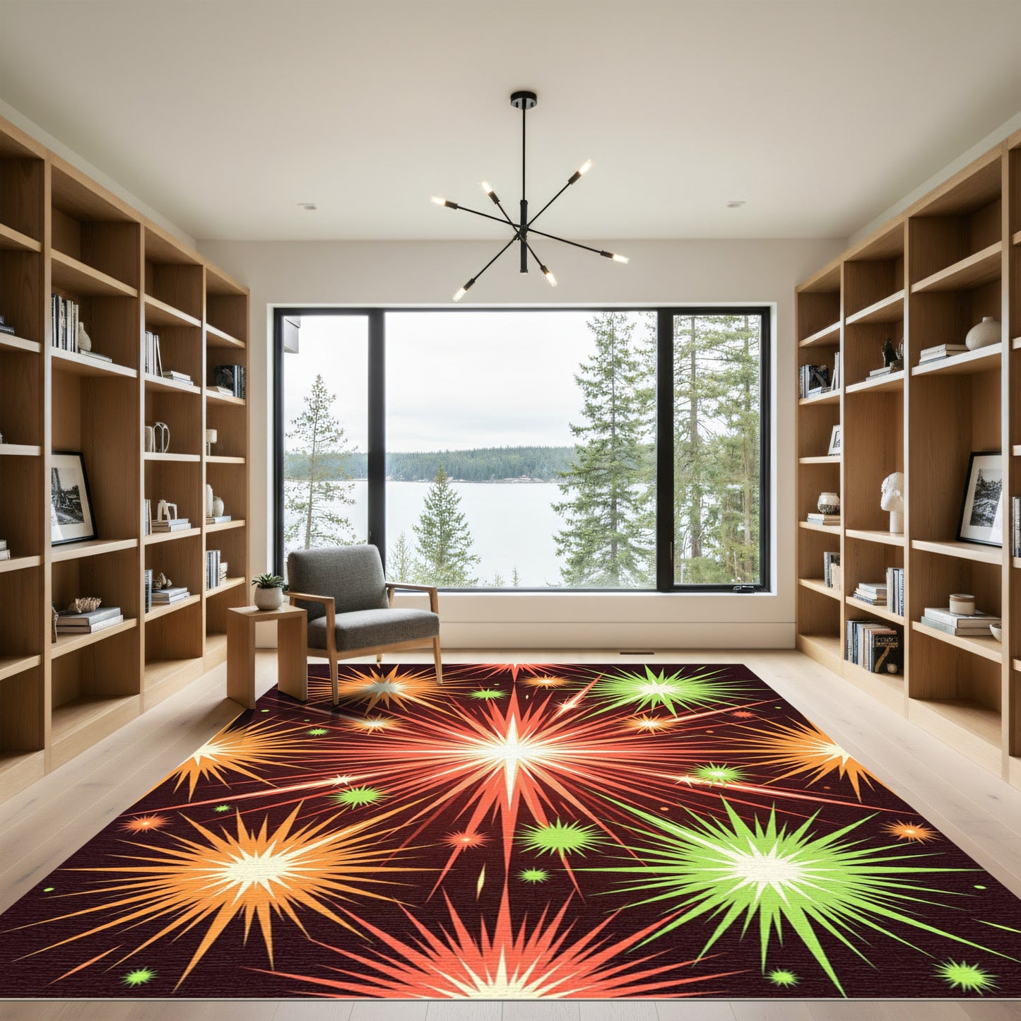 Fiery Orange Green Bursting Starbursts Rug