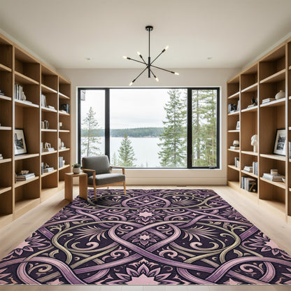 Ornate Mauve Damask Intertwined Floral Scroll Rug