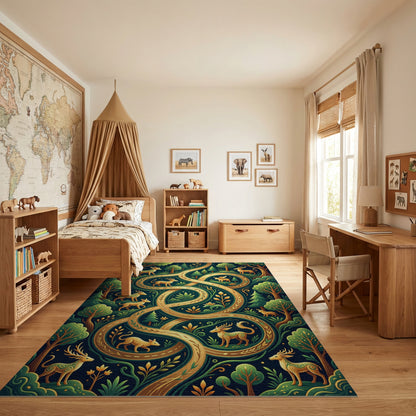 Mystical Forest Deer Golden Winding Path Rug