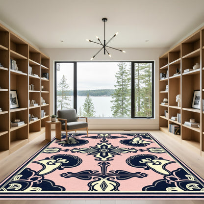 Pale Pink Navy Floral Medallion Rug