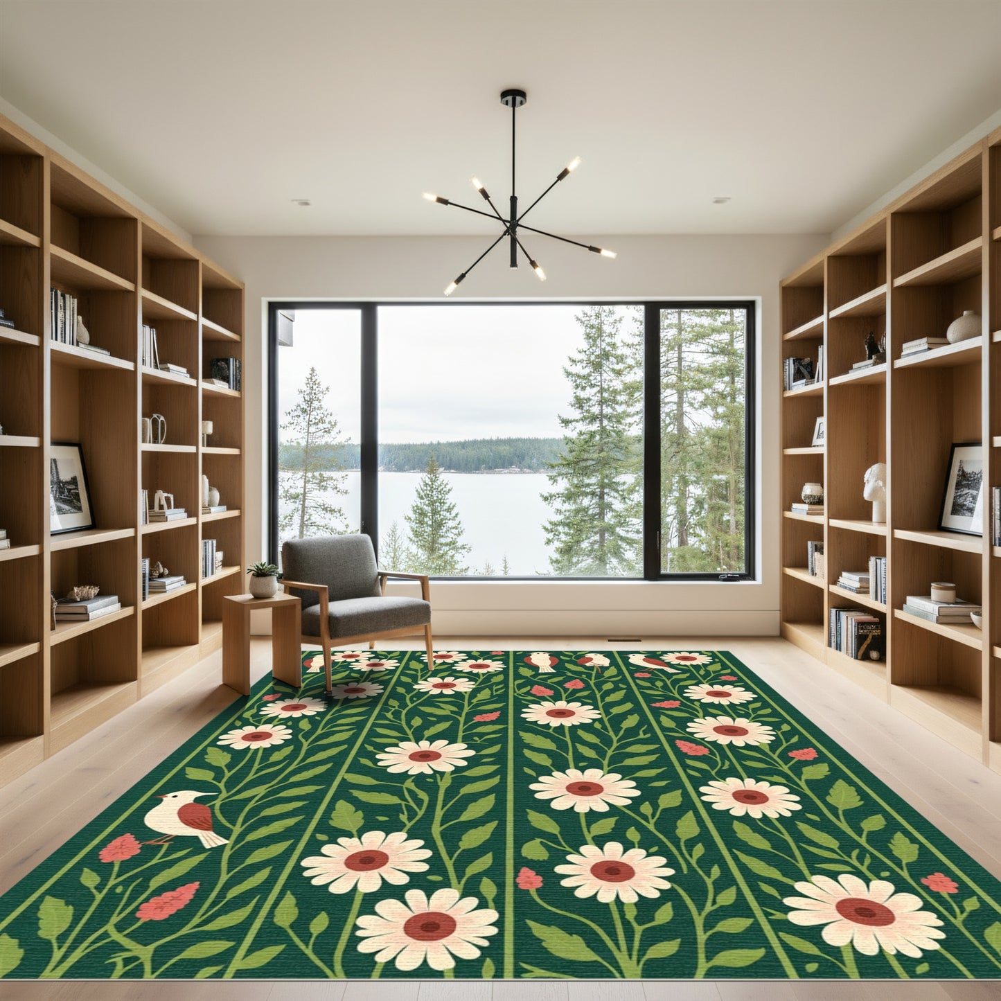 Deep Green Floral Bird Stripe Rug