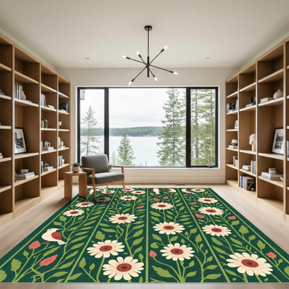 Deep Green Floral Bird Stripe Rug