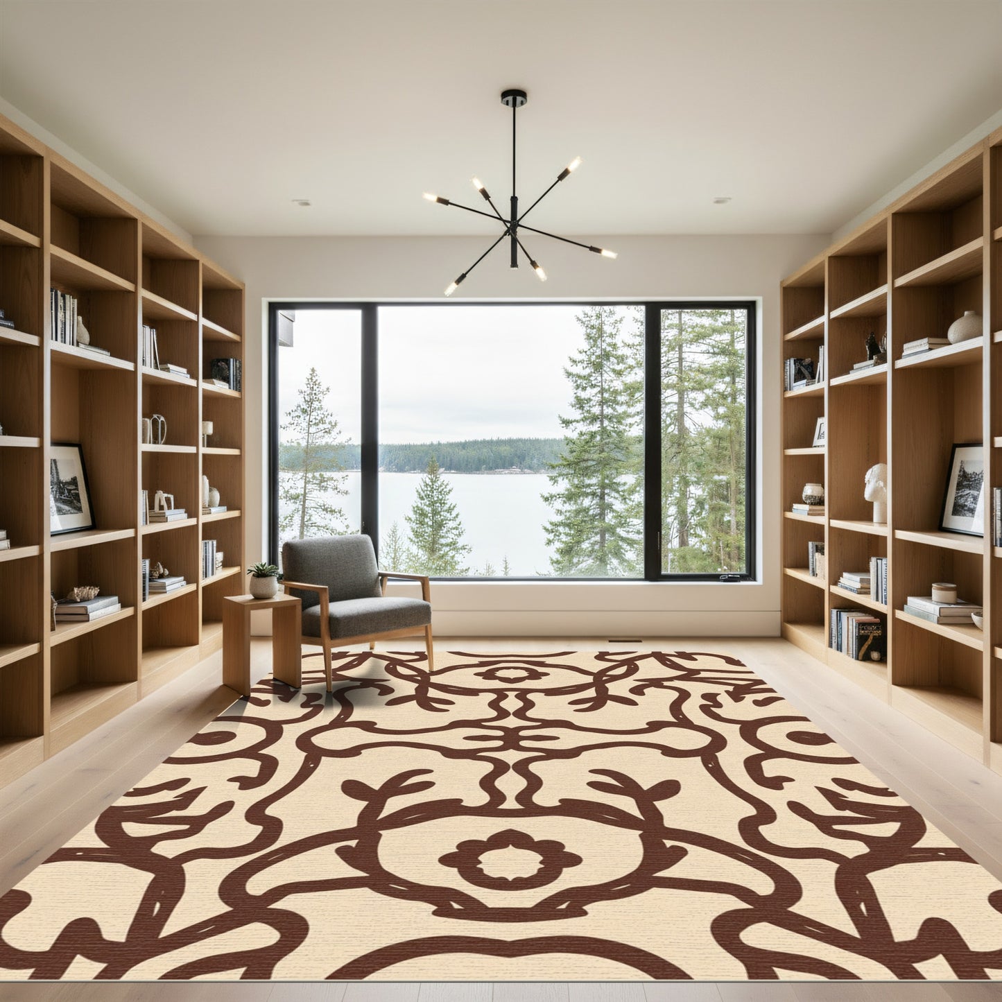 Brown Floral Scrollwork Symmetry Rug