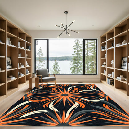 Spiky Orange Sunburst Geometric Art Rug