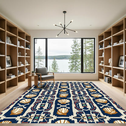 Ornate Navy Shells Medallion Folk Rug