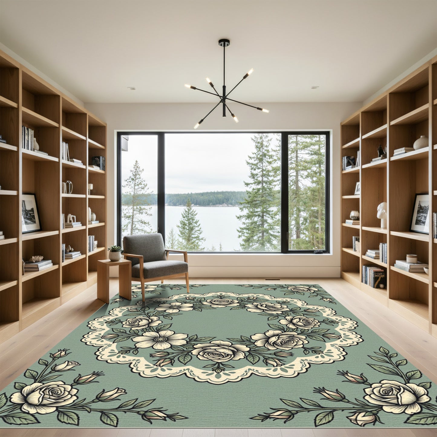 Sage Green Vintage Lace Rose Wreath Rug