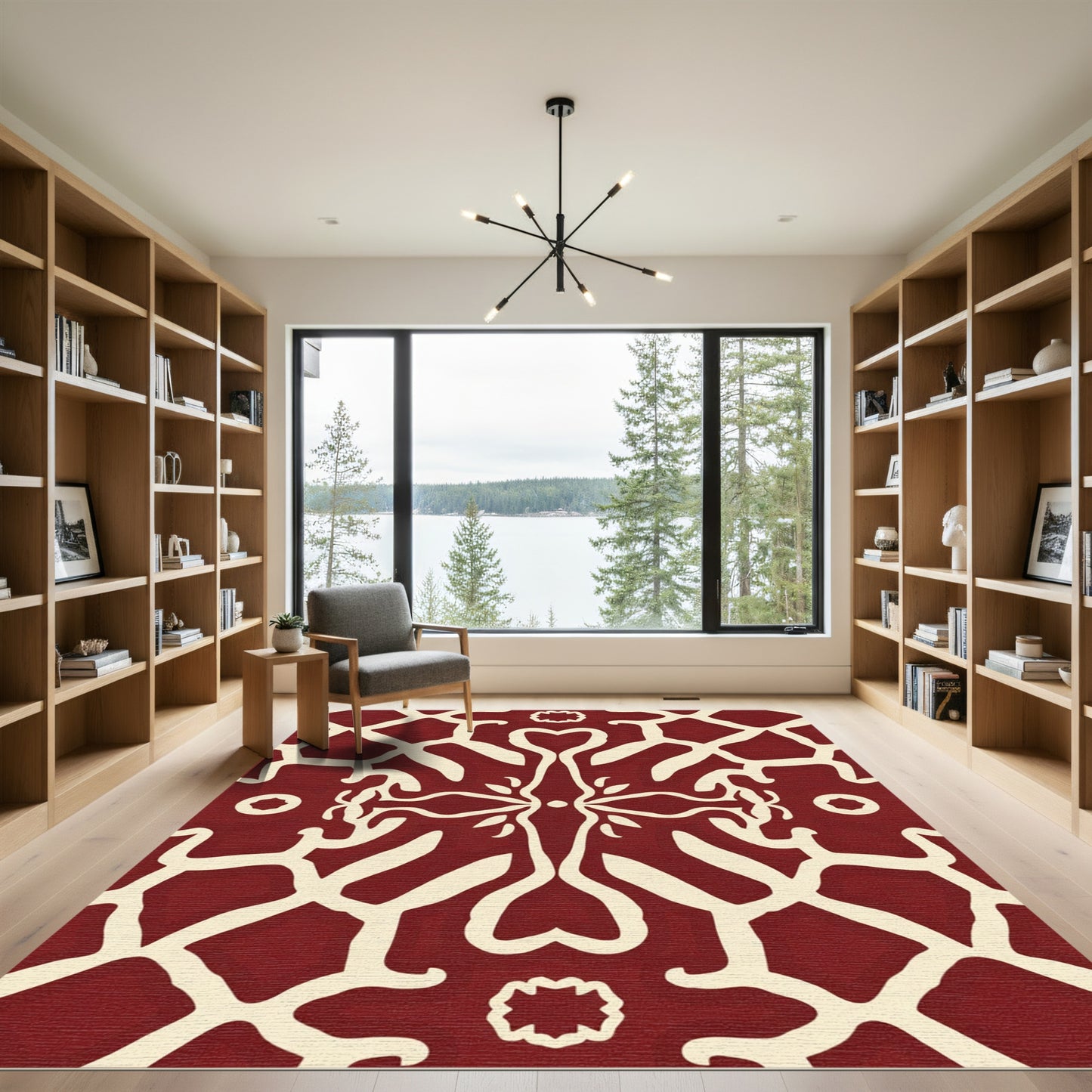 Deep Red Ivory Abstract Symmetry Rug