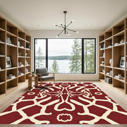 Deep Red Ivory Abstract Symmetry Rug
