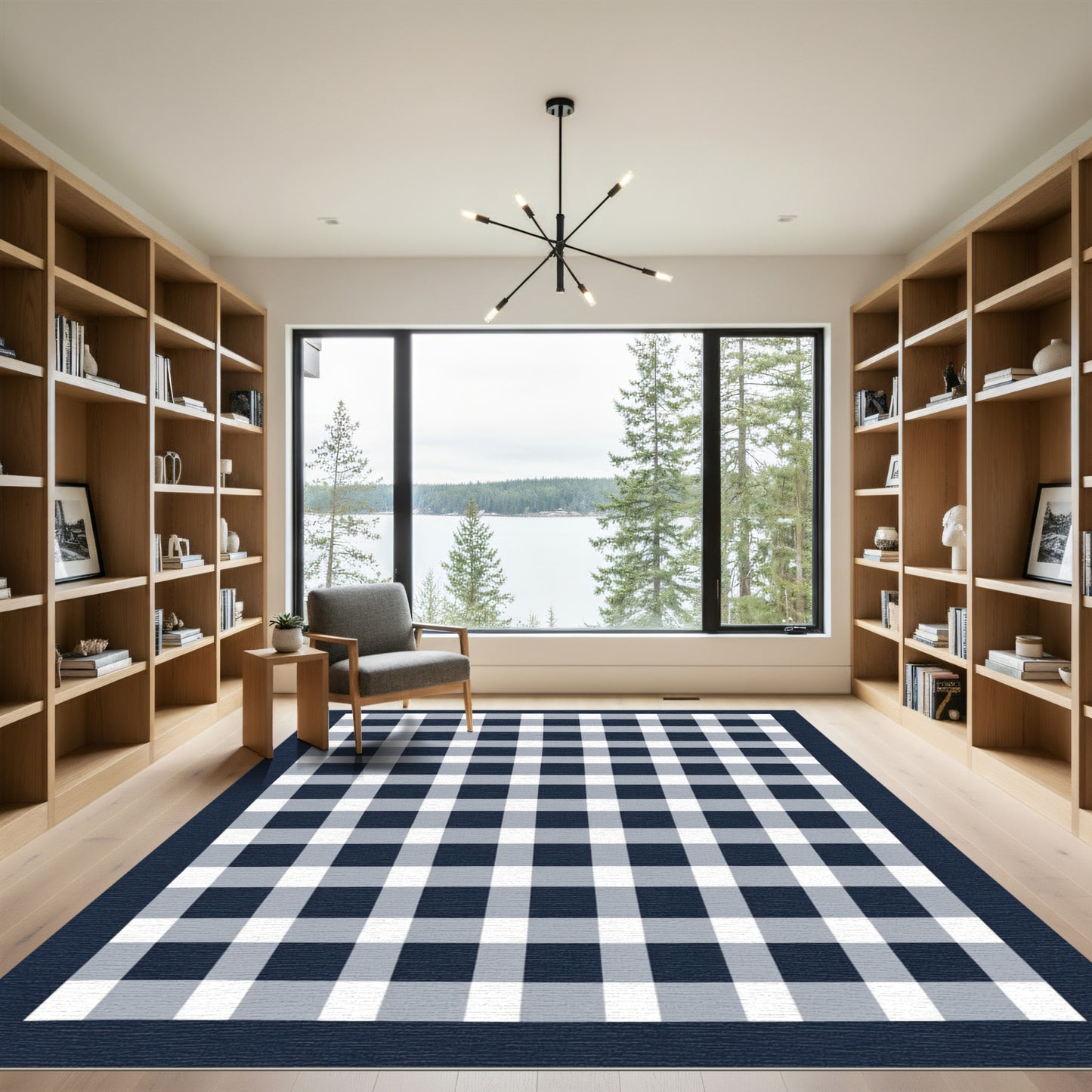 Classic Navy White Gingham Check Rug