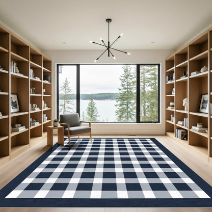 Classic Navy White Gingham Check Rug