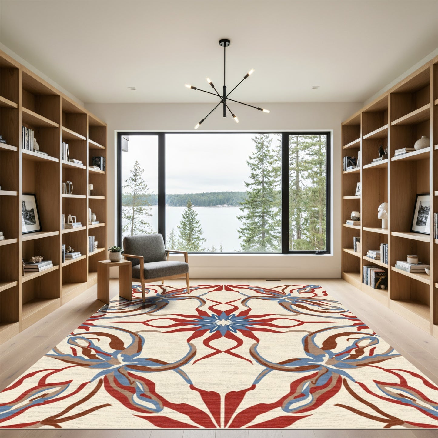 Red Blue Abstract Floral Scroll Rug