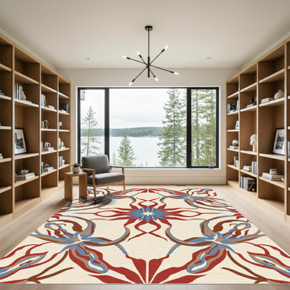 Red Blue Abstract Floral Scroll Rug