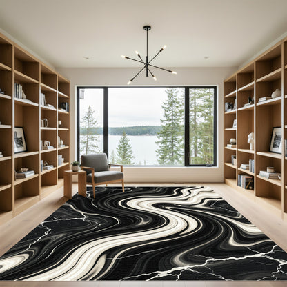 Monochrome Marble Abstract Liquid Swirl Rug