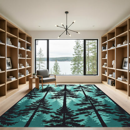 Misty Teal Forest Silhouette Rug