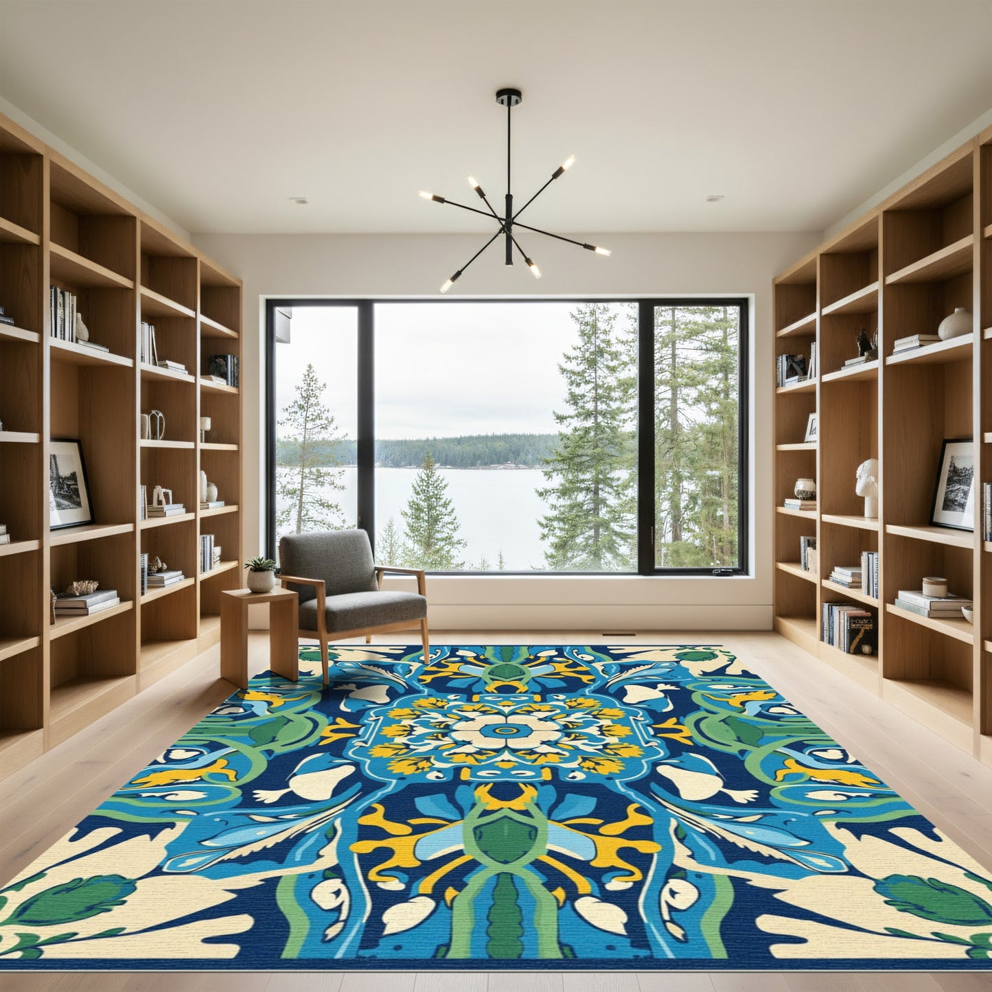 Deep Blue Yellow Floral Medallion Abstract Rug