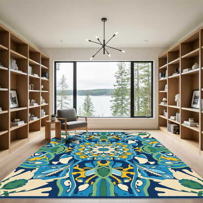 Deep Blue Yellow Floral Medallion Abstract Rug