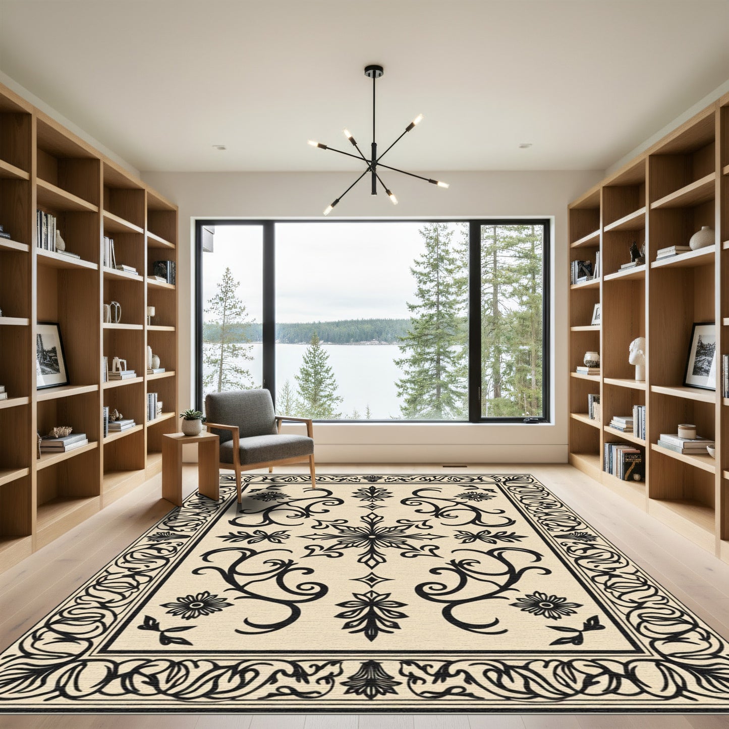 Ornate Cream Black Floral Scroll Rug