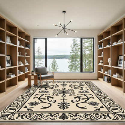 Ornate Cream Black Floral Scroll Rug