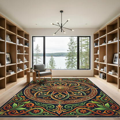 Ornate Golden Floral Mandalas with Verdant Vines Rug