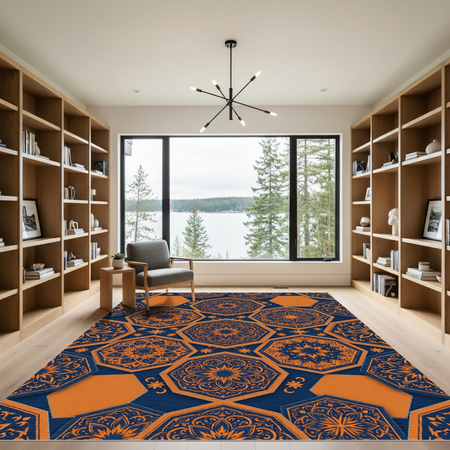 Navy and Orange Hexagonal Mandala Rug