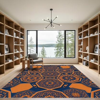 Navy and Orange Hexagonal Mandala Rug