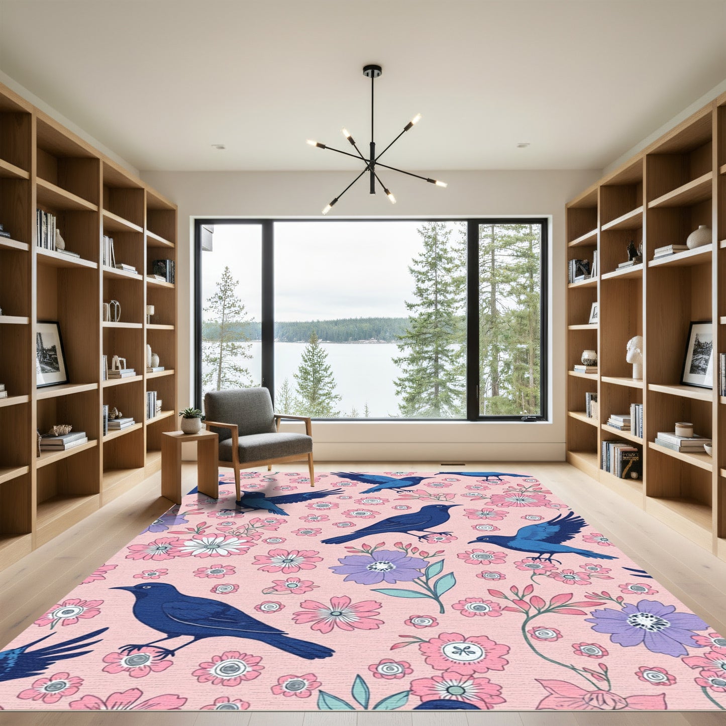 Whimsical Blue Birds Pink Floral Garden Rug