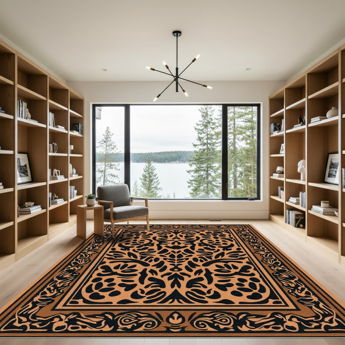 Terracotta Black Floral Bordered Medallion Rug