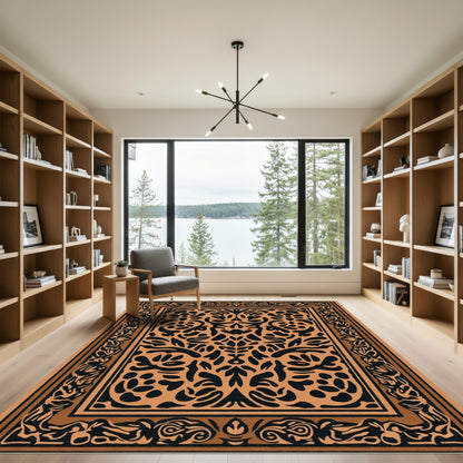 Terracotta Black Floral Bordered Medallion Rug