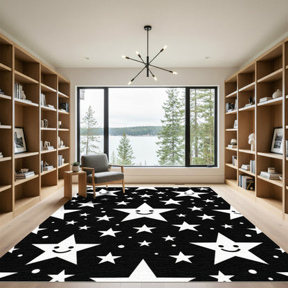 Cheerful White Stars Black Background Rug