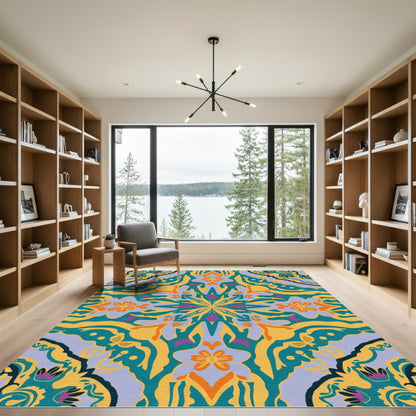 Vibrant Yellow Teal Floral Mandala Rug