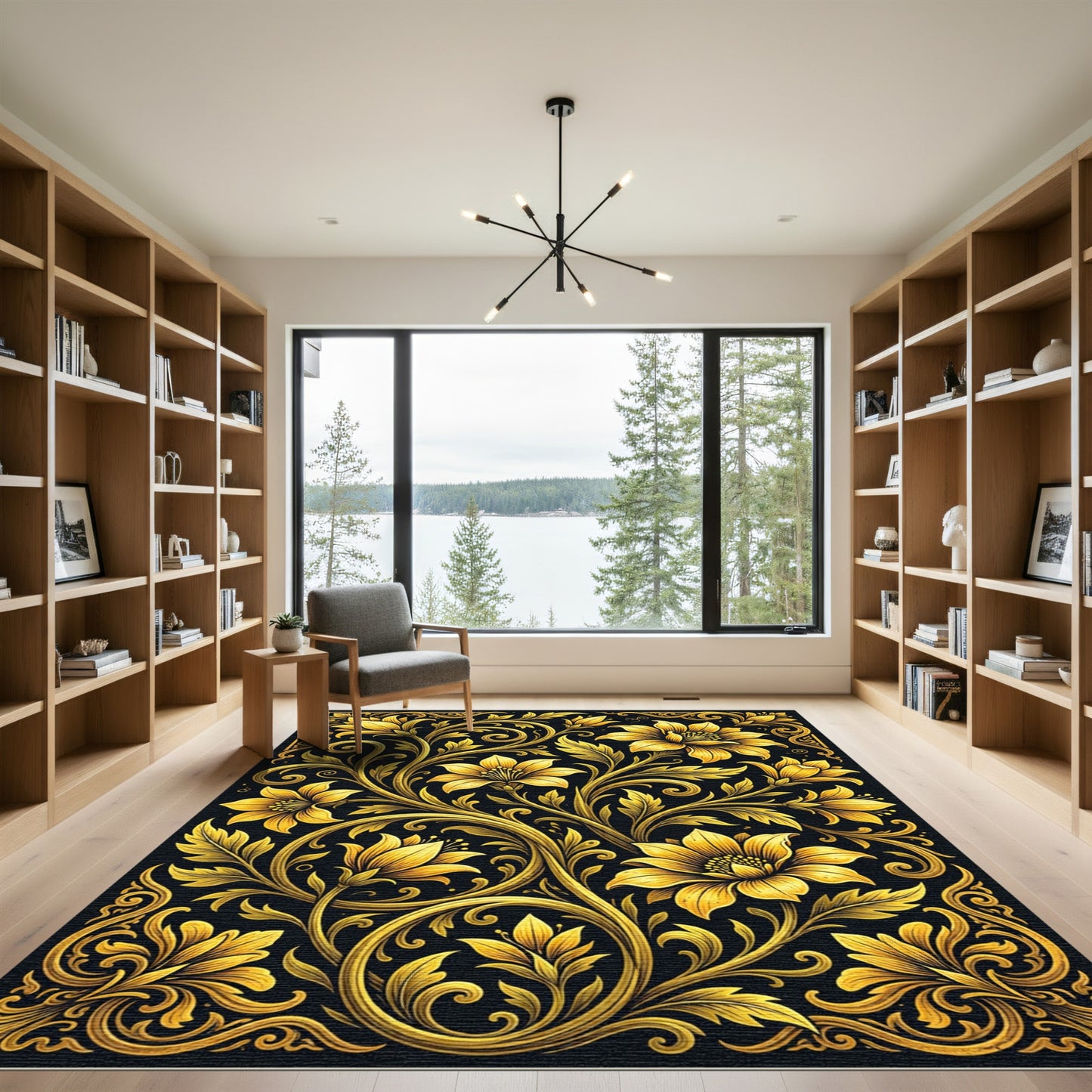 Opulent Golden Floral Scroll Tapestry Rug