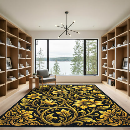 Opulent Golden Floral Scroll Tapestry Rug