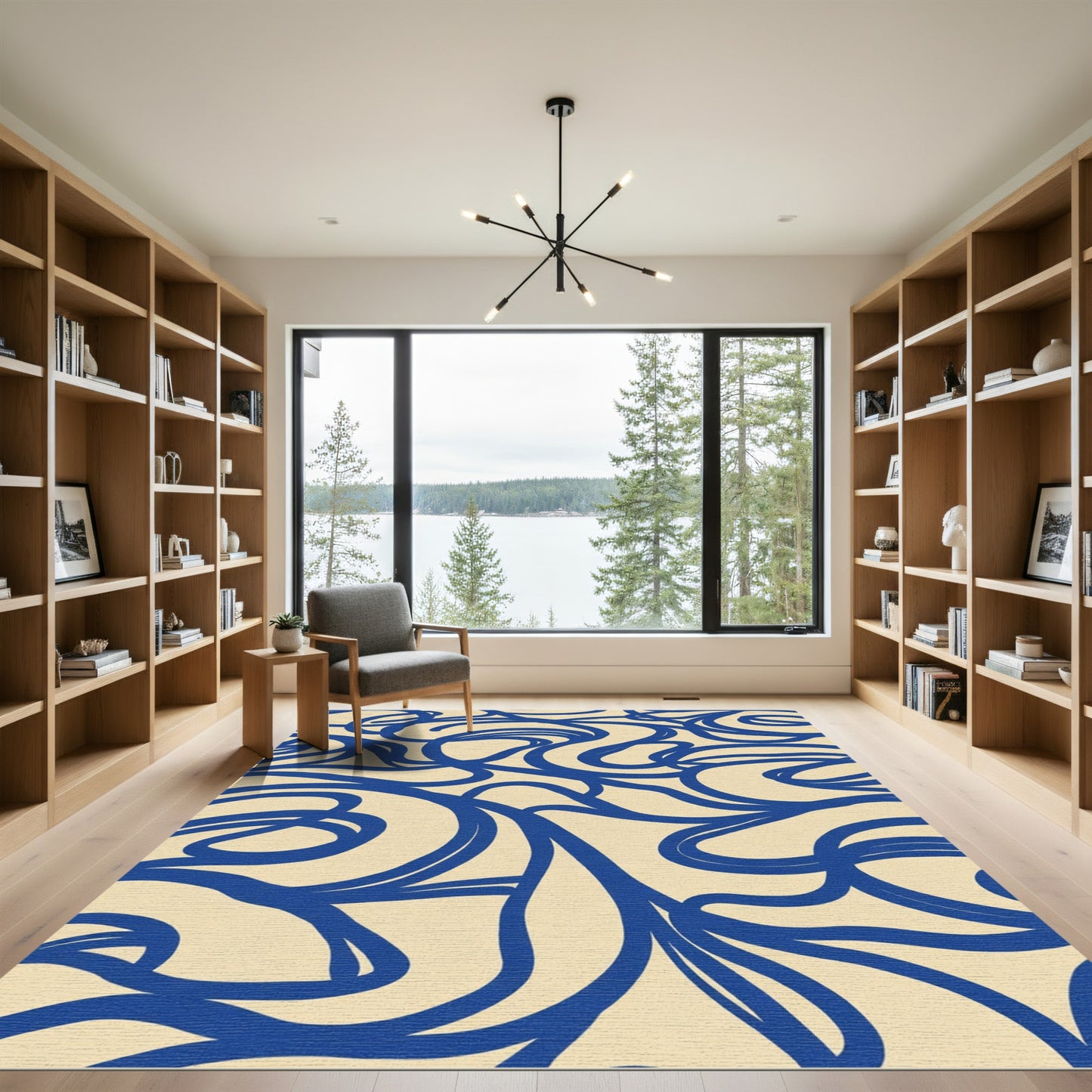 Cream Blue Abstract Organic Swirl Rug