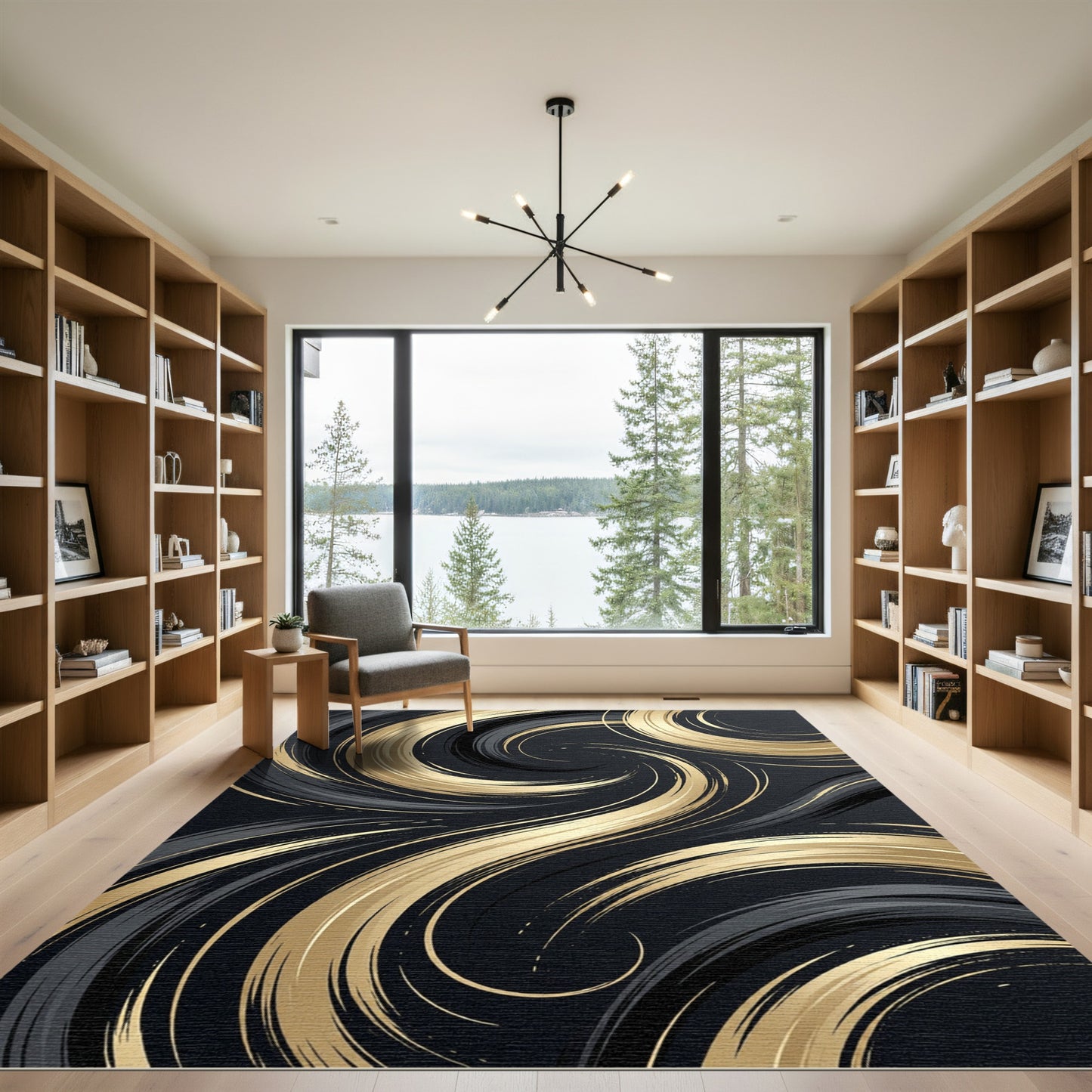 Black Gold Swirl Abstract Art Rug