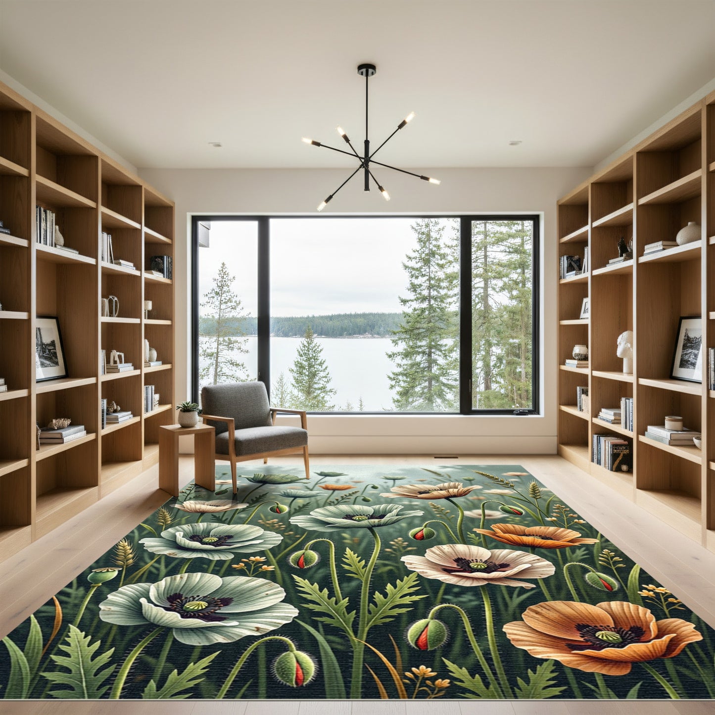 Muted Botanical Poppy Meadow Field Rug