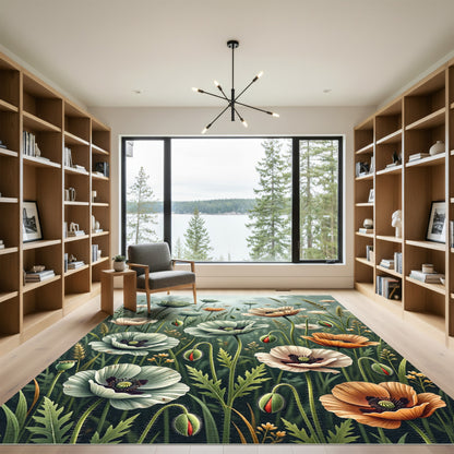 Muted Botanical Poppy Meadow Field Rug